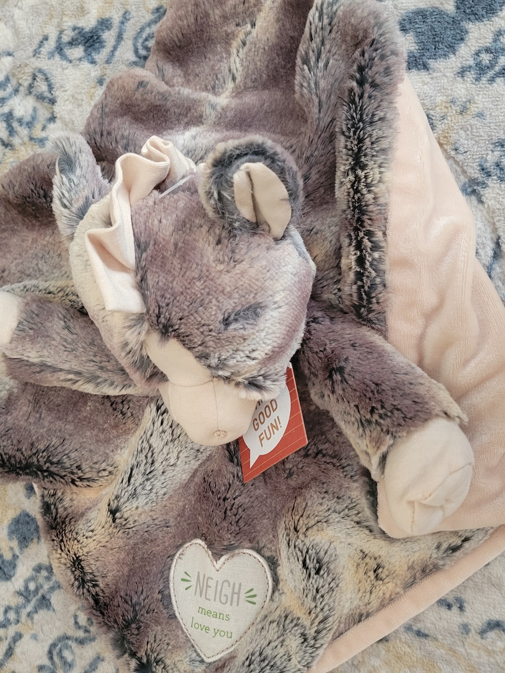 Lovey Barnyard Rattle Blankie Gray and Cream Plush Horse Lovey NWT